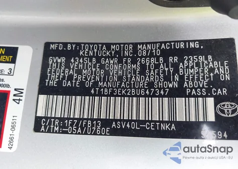 2011 Toyota Camry Le z USA, uszkodzony, nr VIN 4T1BF3EK2BU647347